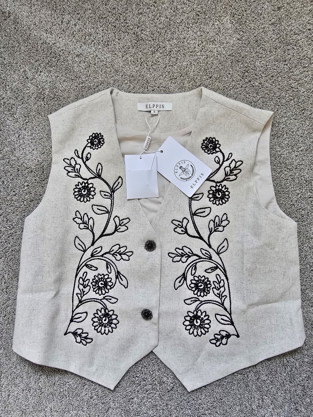 NWT Beige Viscose-Linen Blend Floral Embroidery Vest